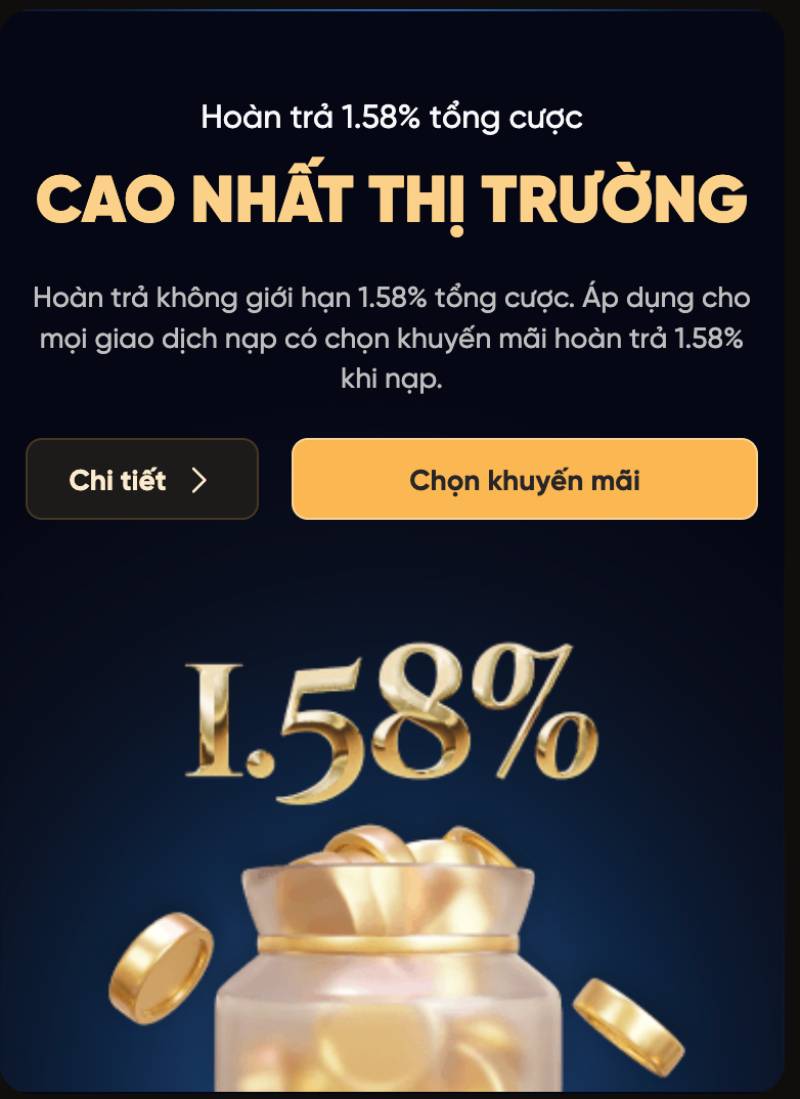 Hoàn trả 1.58% tổng cược – không giới hạn