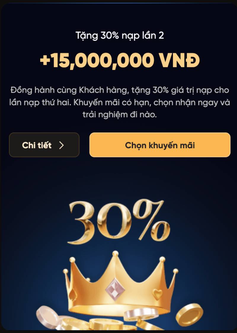 Tặng 30% cho lần nạp thứ hai – gắn bó lâu dài có thưởng